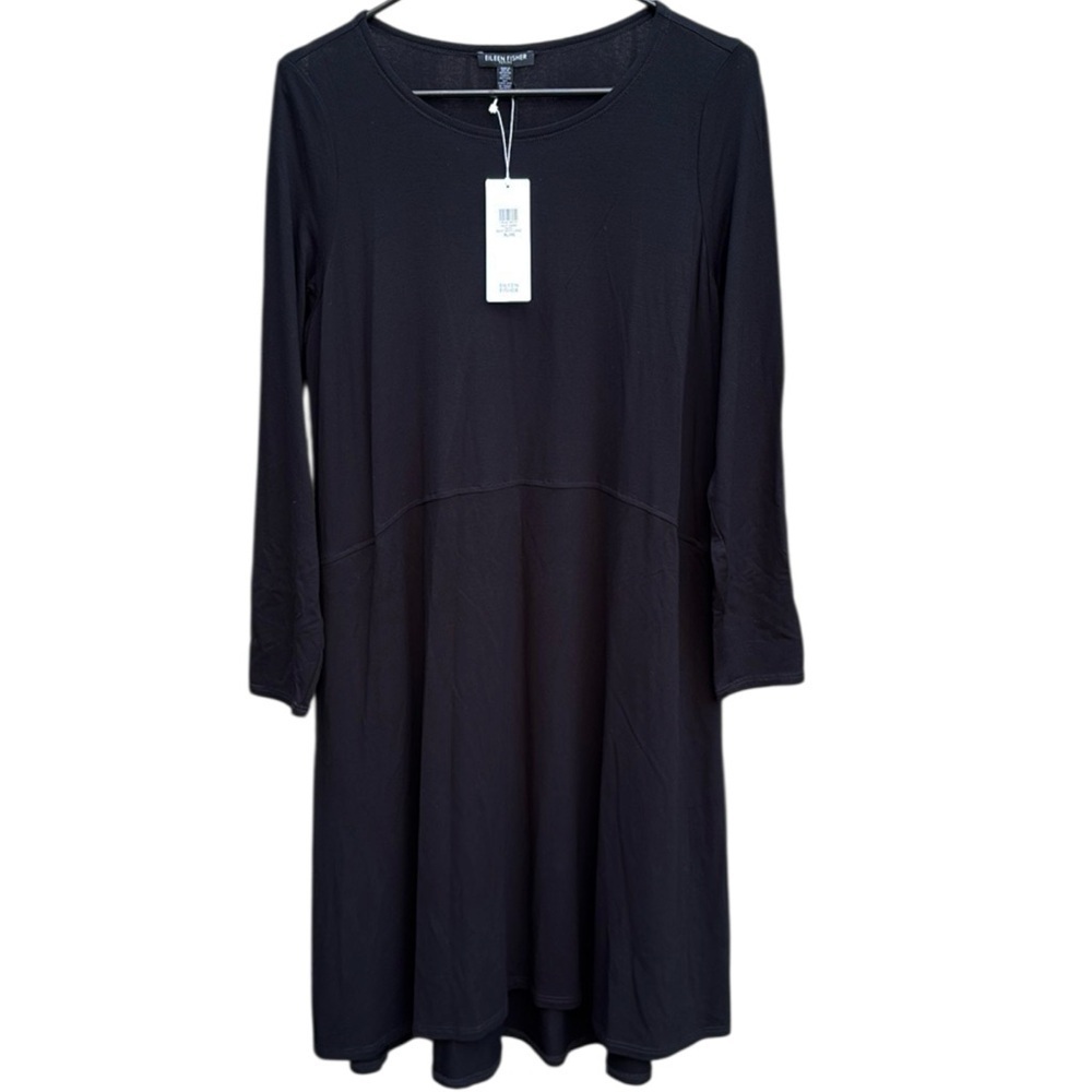 NWT Eileen Fisher Stretch Viscose Jersey Ballet Neck Dress Black Petite Large